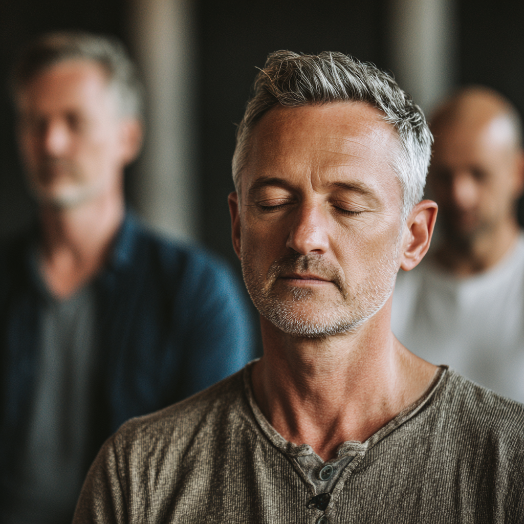 Middle-aged adults practicing mindfulness and mental strength exercises